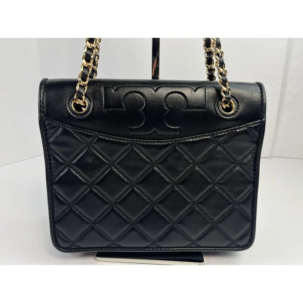 TORY BURCH Black Quilted Leather SAVANNAH Small Flat Chain Strap Tote Bag